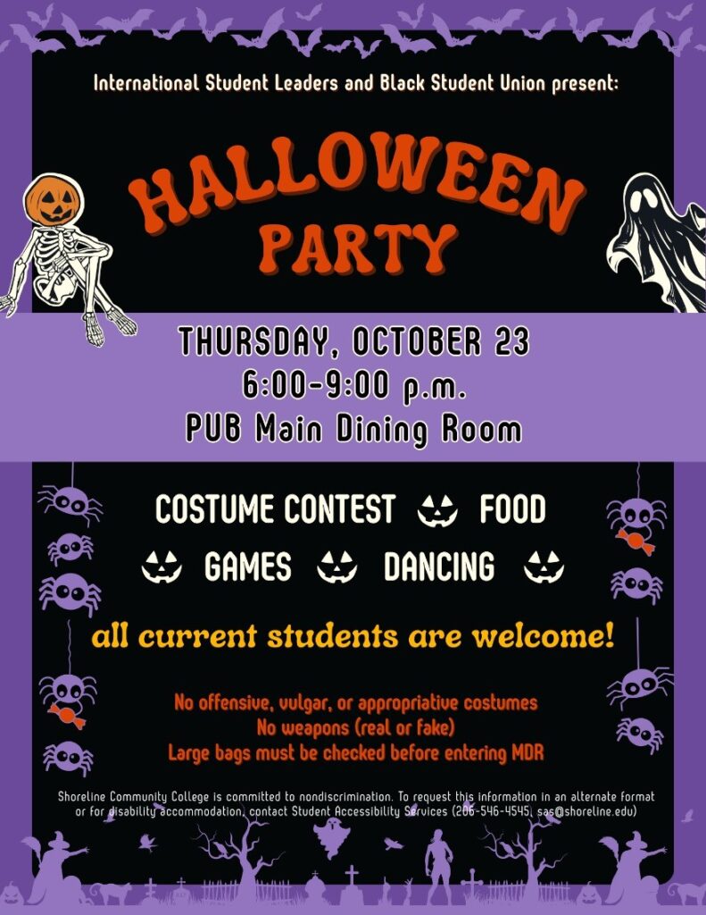 This is a purple and black flyer with purple spiders, a ghost and a skeleton with a pumpkin on its head.   It is advertising the event with details that are laid out in this post.