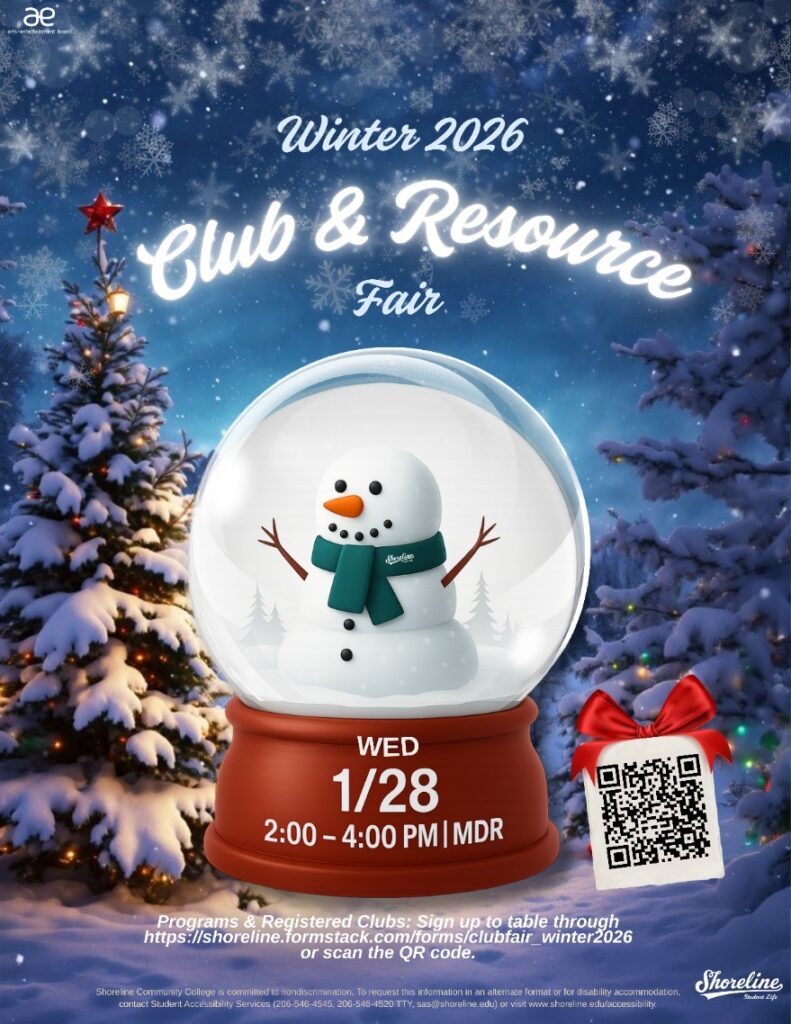 Flyer featuring event details and an illustration of a snowman in a snow globe. 